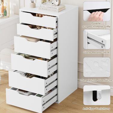 Комод з 6 шухлядами, вузький комод для спальні, вітальні, офісу, передпокою, 45x40x90,5 см, білий