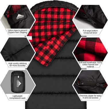 Бавовняний фланелевий спальний мішок для дорослих, спальний мішок зі 100 бавовняною підкладкою для кемпінгу, походів, подорожей з рюкзаком, легкий та портативний, 3-4 сезони в теплу погоду, чорний/червоний