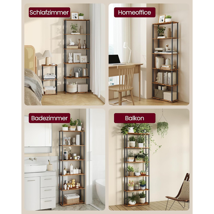 Надзвичайно швидке складання без інструментів, 6-рівнева полиця, окремостояча полиця для зберігання, 23,8 x 60 x 173,4 см, вітальня, спальня, кухня, вінтажний коричнево-чорний колір LLS166K01 6 рівнів (60Ш см)