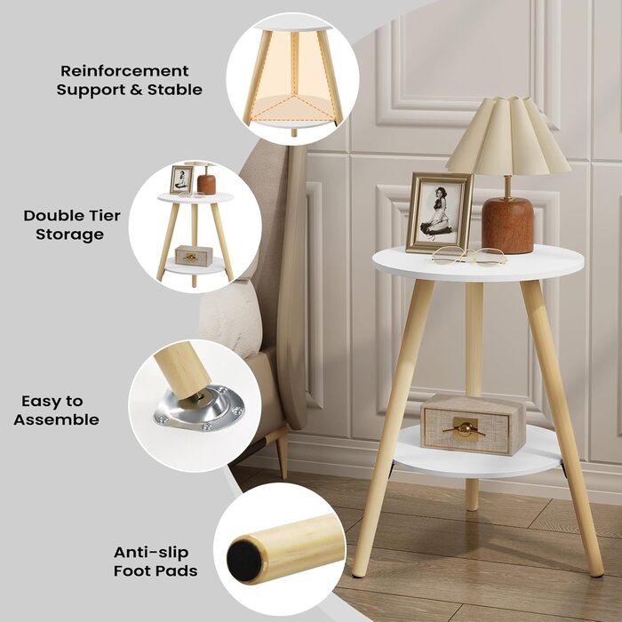 Круглий журнальний столик EUGAD, журнальний столик з 2 полицями, столик для вітальні, тумбочка, сучасний білий колір, маленький столик з місцем для зберігання, столик-диван, виготовлений з МДФ дерева, для вітальні та спальні, 38x55x38 см