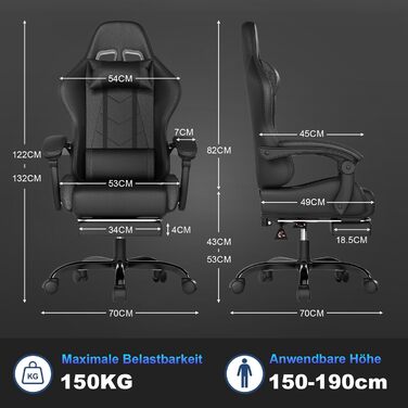 Ігрове крісло JUMMICO з масажем, ергономічне офісне крісло з масажною поперековою подушкою, ігрове крісло з регульованою спинкою 90-135 та підставкою для ніг, ігрове крісло з вантажопідйомністю 150 кг, чорне, маленьке