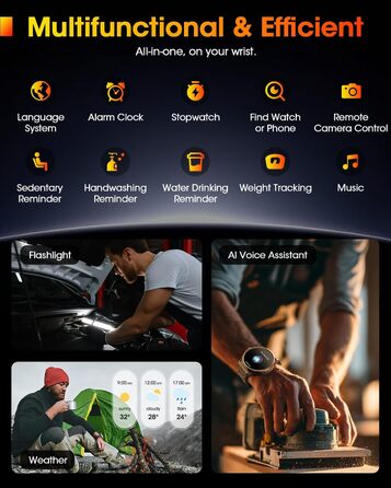 Чоловічий військовий смарт-годинник з великим HD-дисплеєм 1,92 дюйма, акумулятором 1000 мАг, фітнес-годинник з понад 120 спортивними режимами, водонепроникністю 5 атм, функцією телефону, пульсометром, монітором сну, спортивним годинником для iOS та Androi