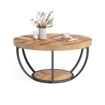 Круглий журнальний столик LITTLE TREE, 81,3 см, круглий журнальний столик для вітальні, 2-ярусний дерев&39яний акцентний центральний столик з відкритим місцем для зберігання, промисловий дизайн, меблі для дому (дерев&39яний малюнок та чорний)
