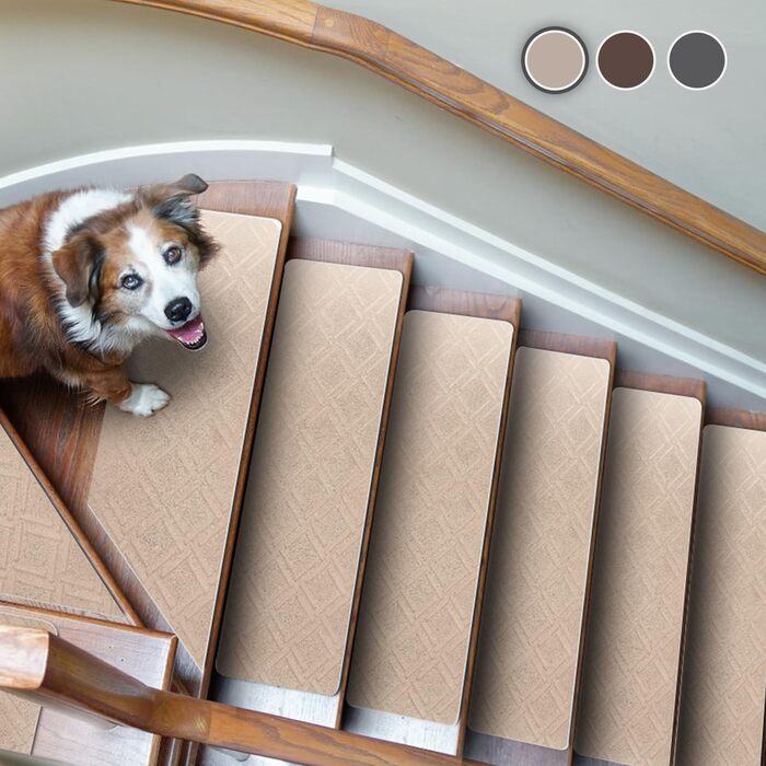 Килимки для сходів, самоклеючі килимки для сходів для приміщень, 15 шт. , протиковзкі, можна різати, багаторазові, для захисту домашніх тварин та людей похилого віку (картований візерунок - бежевий, 55x19 см) 55 см x 19 см картатий візерунок - бежевий