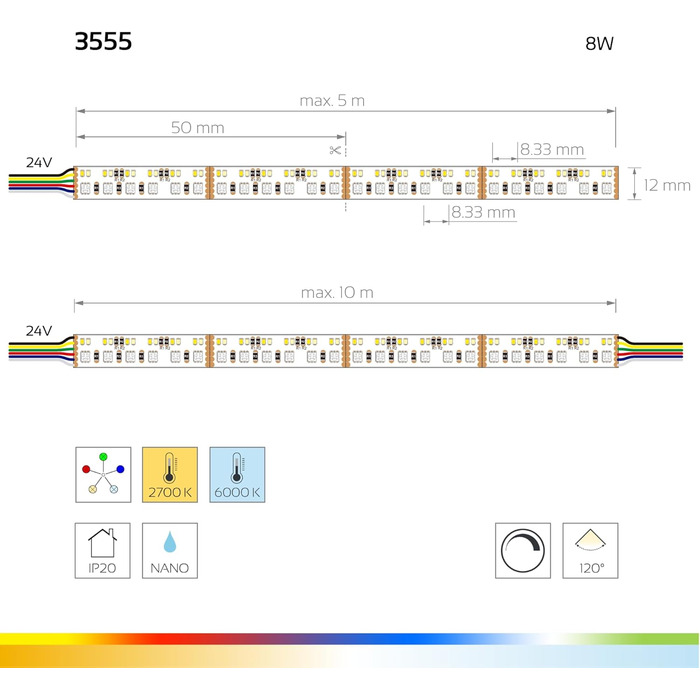 Світлодіодна стрічка Color & Ambience Pro, Ra90, 24 В, 8 Вт / м, 12 мм Дворядний RGB і CCT Рулон 5м (IP20)