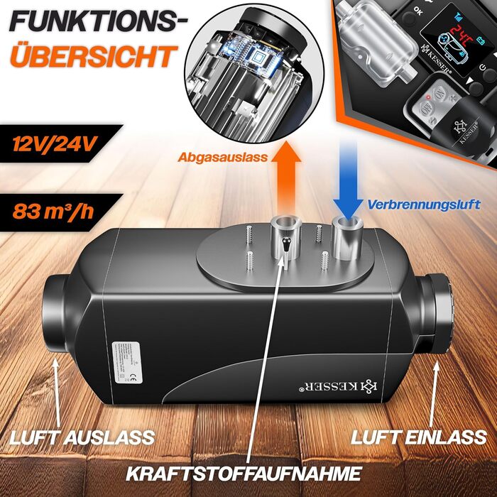 Дизельний обігрівач KESSER 8 кВт Дизельний обігрівач 12 В/24 В з таймером, РК-дисплеєм та пультом дистанційного керування Швидкий нагрів Повітряний обігрівач з глушником та термостатом (чорний, 8 кВт) Чорний 8 кВт