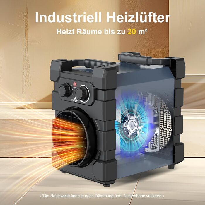 Професійний вентилятор-обігрівач з важким сталевим корпусом, 2000 Вт, будівельний обігрівач, електричний обігрівач, будівельна сушарка для гаража, будівельного майданчика, 2 кВт, чорний