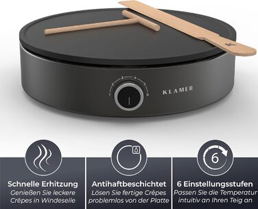 Млинниця KLAMER, велика поверхня для випікання діаметром 33 см, плита з антипригарним покриттям, вкл. тісторозділювач і дерев'яний