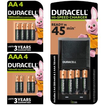 Зарядний пристрій Duracell з 6 батарейками типу AA та 6 батарейками типу AAA, 45 хвилин заряду