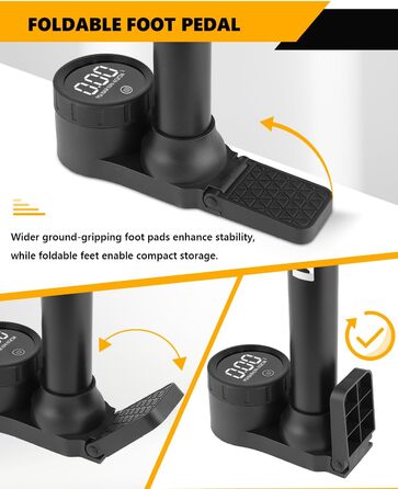 Велосипедний насос VOGORA, підлоговий, 16.5 дюймів (~42 см), 11 бар / 160 PSI, інтегрований циліндр (сталь), чорний