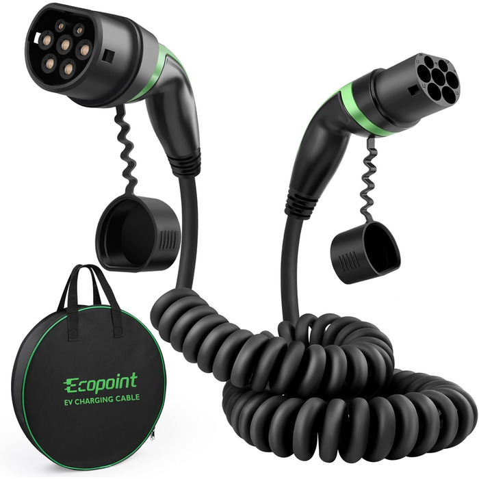 Зарядний кабель ECOPOINT тип 2 для електромобілів, 11 кВт, портативний 3-фазний зарядний кабель 16А, тип 2 до типу 2 Mennekes mode