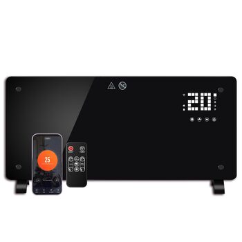 Конвекторний обігрівач DONYER POWER 2500 Вт, ультратонкий настінний або окремостоячий, 24-годинний таймер з пультом дистанційного керування та Wi-Fi, чорна скляна панель, 2,5 кВт, чорний