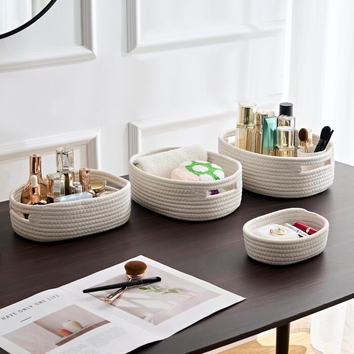 Кошик для зберігання Sagittar, набір із 7 предметів, виготовлений з бавовняної тканини ручного в&39язання, органайзер для одягу та іншого, плетений кошик з бавовняної мотузки для дитячої кімнати та вітальні, білий, 7 предметів