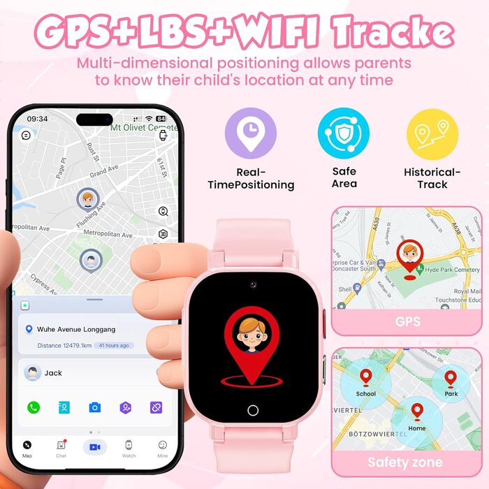 Розумний годинник 4G для дітей з GPS, дитячий годинник з телефоном, відеодзвінками та голосовим чатом, Wi-Fi, SOS, крокомір, будильник, ігри, дитячий подарунковий наручний годинник для дівчаток та хлопчиків віком від 4 років, рожевий