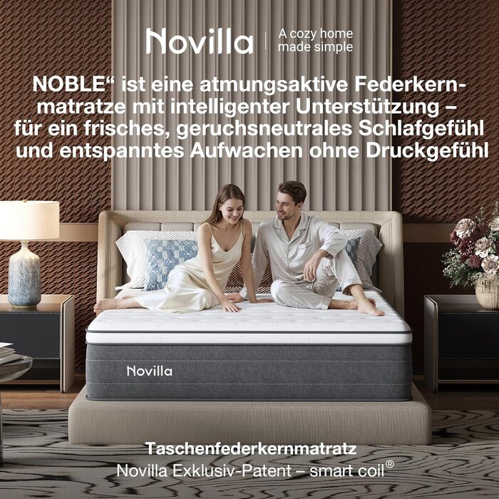 Матрац Novilla 140x200, H3 7-зонний пружинний матрац з кишеньковою структурою для цілеспрямованої підтримки, хвилеподібний шар комфортної піни для покращеної повітропроникності, сертифікований Oeko-Tex, висота 25 см x 25 см, 140 x 200 см