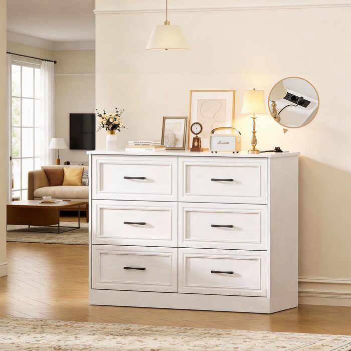 Комод з розетками, комод з 6 шухлядами, 2 USB та 2 розетки змінного струму, дерев&39яний комод, для спальні, вітальні, коридору, 106 x 81,5 x 39 см, білий