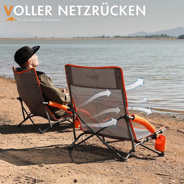 Складаний пляжний стілець Portal, легкий кемпінговий стілець, низькопрофільний, дихаюча тканина, вантажопідйомність 150 кг, портативний складний стілець з сумкою для перенесення та тримачем для напоїв для пляжу, саду, походів, сірий, 2 шт.