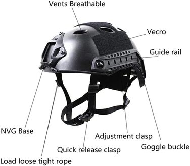 Страйкбольний шолом і маска на все обличчя, знімні страйкбольні окуляри, пейнтбольний шолом PJ Fast з переднім кріпленням NVG і бічною рейкою чорний