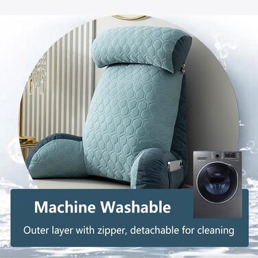 Подушка для читання для дорослих (Д x В) 75 x 55 см подушка для поперекової підтримки зі знімним валиком для шиї, підлокітником та кишенями, для ліжка, офісного крісла та дивана, ідеально підходить для читання, ігор, перегляду телевізора (світло-блакитна)