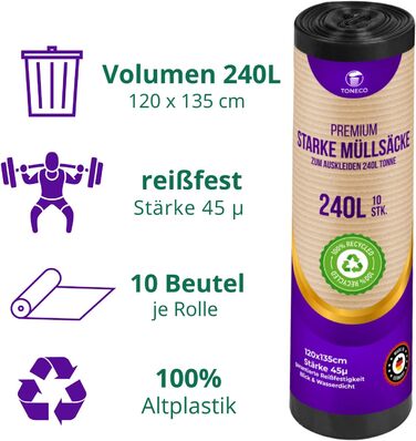 Міцні сміттєві пакети 240 л - чорні - для муніципальних контейнерів для відходів - 100 перероблені - (від 10 до 300 пакетів) (20)