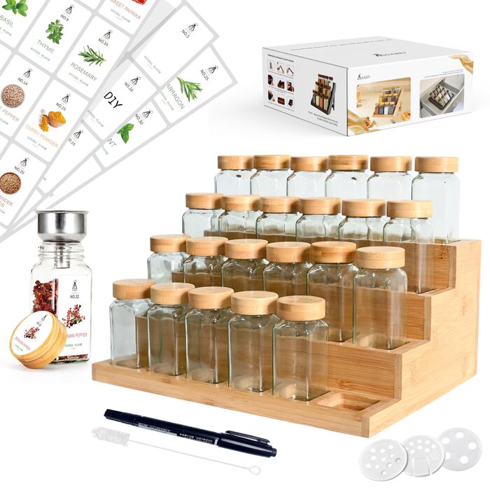 Квадратні банки для спецій з бамбуковою підставкою для спецій 2-в-1 (FCM) 24 банки для спецій по 120 мл, набір підставок та банок для спецій, 120 етикеток, компактний кухонний органайзер SAEIV-Bois massif bambou-24X120ml