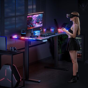 Стіл з регулюванням висоти 140 x 60 см, ігровий стіл зі світлодіодним освітленням, електричний стіл, стіл для роботи сидячи та стоячи з вуглецевим волокном, електричний комп&39ютерний стіл з 3-функційною пам&39яттю, чорний