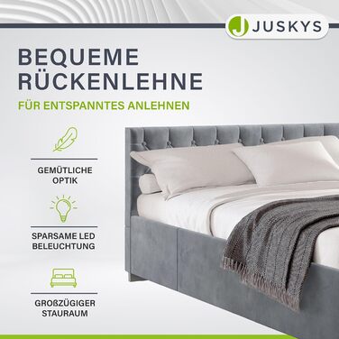 Ліжко Juskys Nice з м&39якою оббивкою 120x200 см, оксамитове, з місцем для зберігання, світлодіодним освітленням та рейковою основою - стьобане узголів&39я та честерфілдська стьобана тканина - каркас ліжка - сірий 120 x 200 см