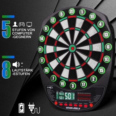 Професійний набір електронних дротиків WIN.MAX з 354 варіантами, 3 мови німецька, англійська, французька, для 1-8 гравців з 12 дротиками, коричневий