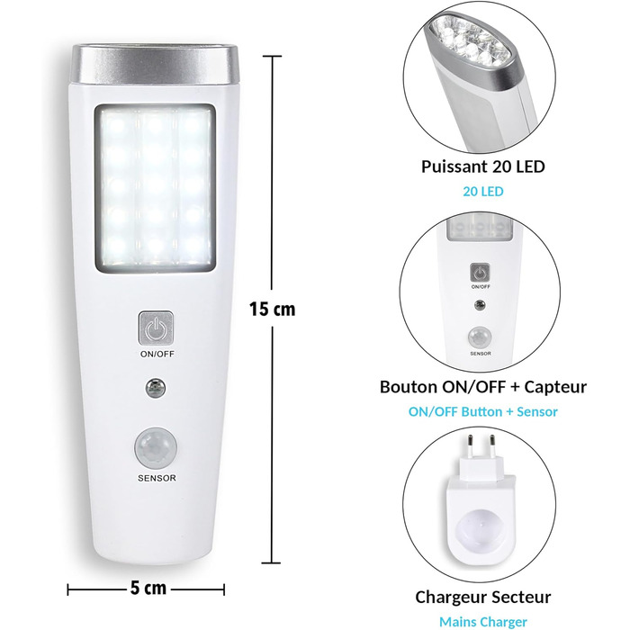 Датчик присутності - Кутове виявлення 60 - 15 передніх світлодіодів та 5 верхніх світлодіодів - Перезаряджається від мережі - Бездротовий індукційний зарядний пристрій - 3,7 В - Батарейка 15 см - Портативний ліхтарик - Білий