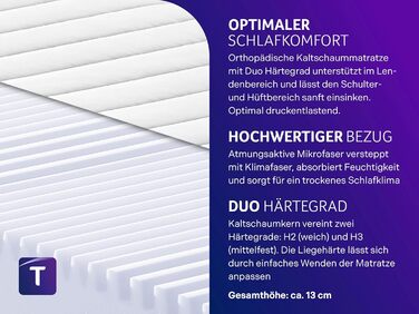 В 1 Duo - ортопедичний 7-зонний комфортний пінопластовий матрац, рівні жорсткості 2 та 3, сертифікований Oeko-Tex, 90 x 200 см, висота 13 см, виготовлений відповідно до німецьких стандартів якості. Рівні жорсткості H2 (м&39який) H3 (середньо-жорсткий). 13