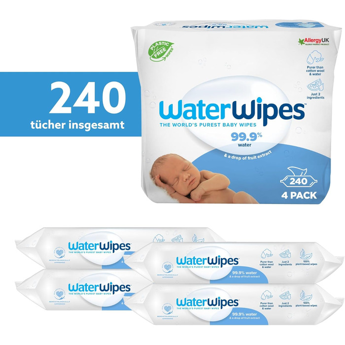 Оригінальні очищувальні серветки WaterWipes Plastic Free для немовлят, 720 шт. (12 упаковок), 99,9 очищувальні серветки на водній основі, без запаху для чутливої шкіри (240 шт. (4 упаковки))