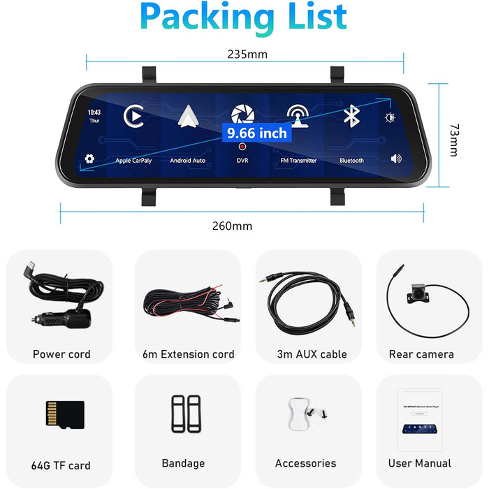 Дзеркальний відеореєстратор Podofo з бездротовим автопрогравачем, Android Auto з HD-камерою заднього виду 9,66-дюймовий IPS сенсор