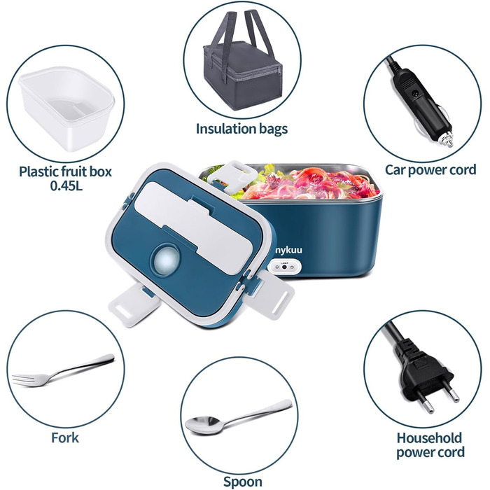 Електричний ланч-бокс 100 Вт 1,8 л 3-в-1 12 В/24 В/220 В з підігрівом, портативний для автомобіля/вантажівки/офісу/дому з виделкою та ложкою, синій