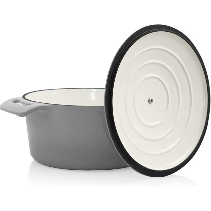 Л, Ø 24 см Чавунна емальована сковорода з кришкою Підходить для індукційних печей, підходить для духовки сірий каструля, горщик дл