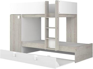 Двох'ярусне ліжко для двох дітей з висувним спальним місцем і шафою для одягу в білому кольорі