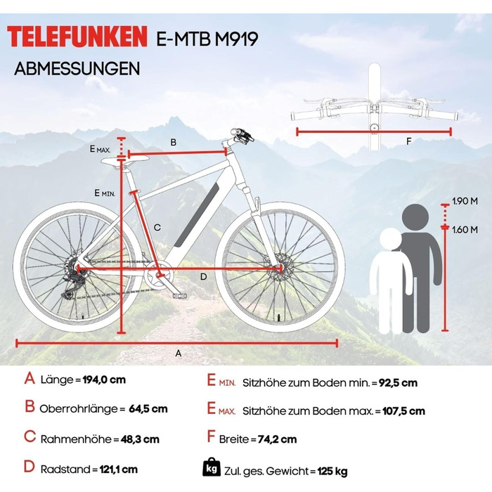 Гірський велосипед TELEFUNKEN 29 дюймів для чоловіків та жінок Електричний велосипед із заднім двигуном потужністю 250 Вт та акумулятором 468 Втгод 7-швидкісний перемикач швидкостей Дискові гальма Hardtail MTB Pedelec, колір Granite Grey M919