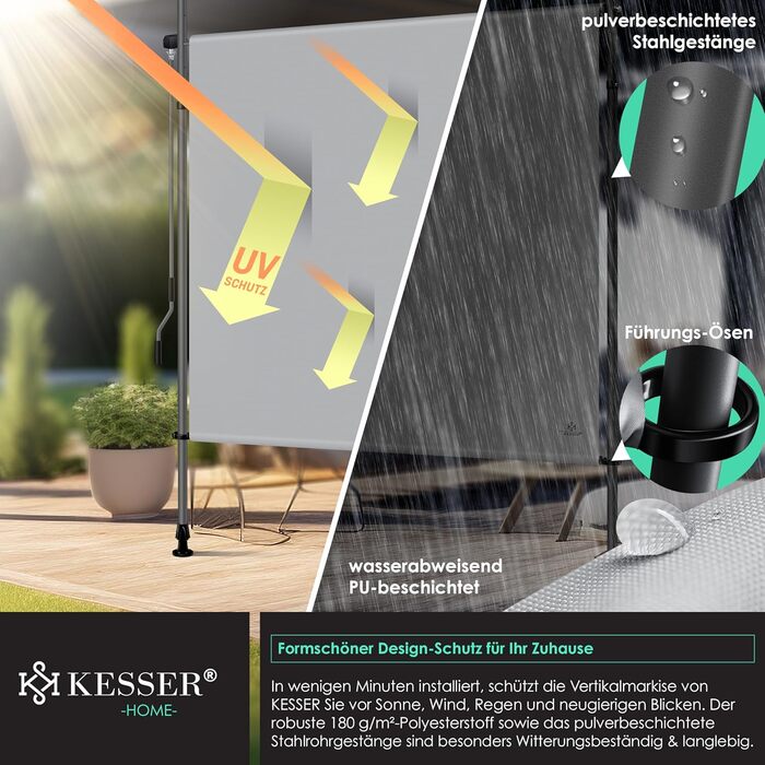 Вертикальний тент KESSER із затискачем 200x310 см, розсувний та непрозорий, з ручним приводом, не потребує свердління, екран для балкону та вітрозахисний екран для саду та тераси, водонепроникний, сірий, 200x310 см, сірий