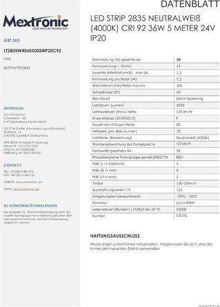 Світлодіодна стрічка Mextronic 2835, нейтральний білий (4000K), CRI 92, 36W, 5 метрів, 24V, IP20