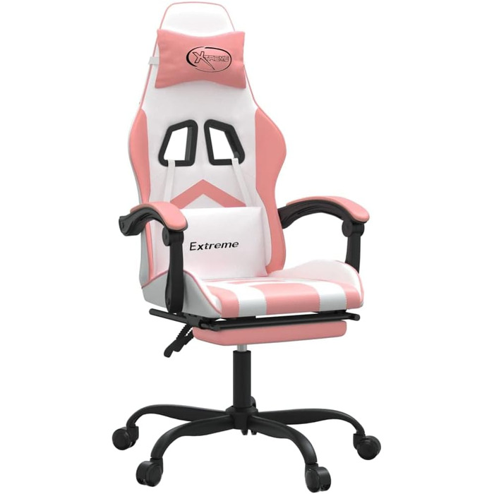 Обертовий ігровий стілець з підставкою для ніг, штучна шкіра, білий, рожевий
