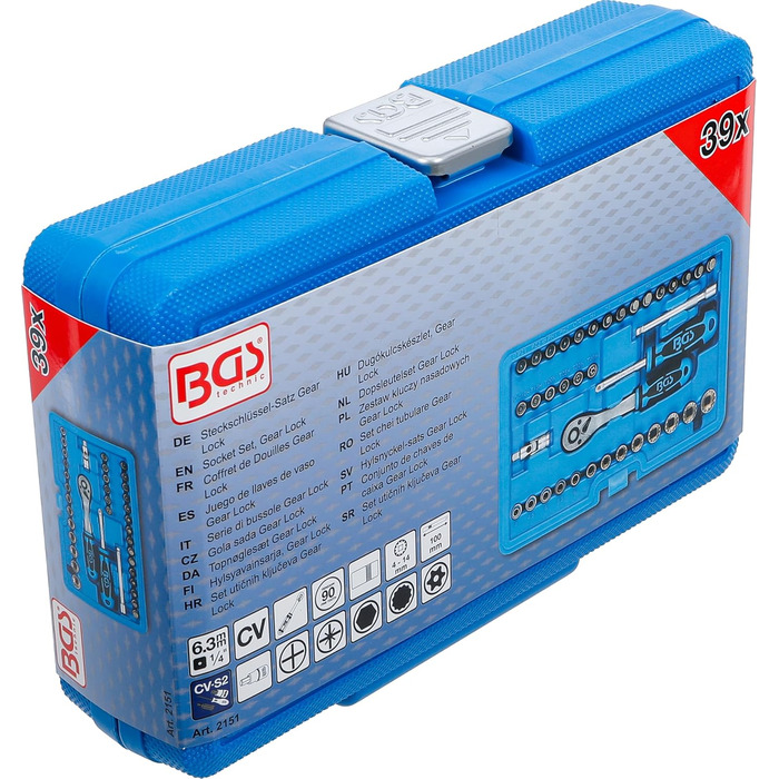 Набір торцевих головок BGS 2151 з фіксатором Gear Lock Привід 6,3 мм (1/4) 38 предметів, 1/4 дюйма, сріблясто-синьо-чорний