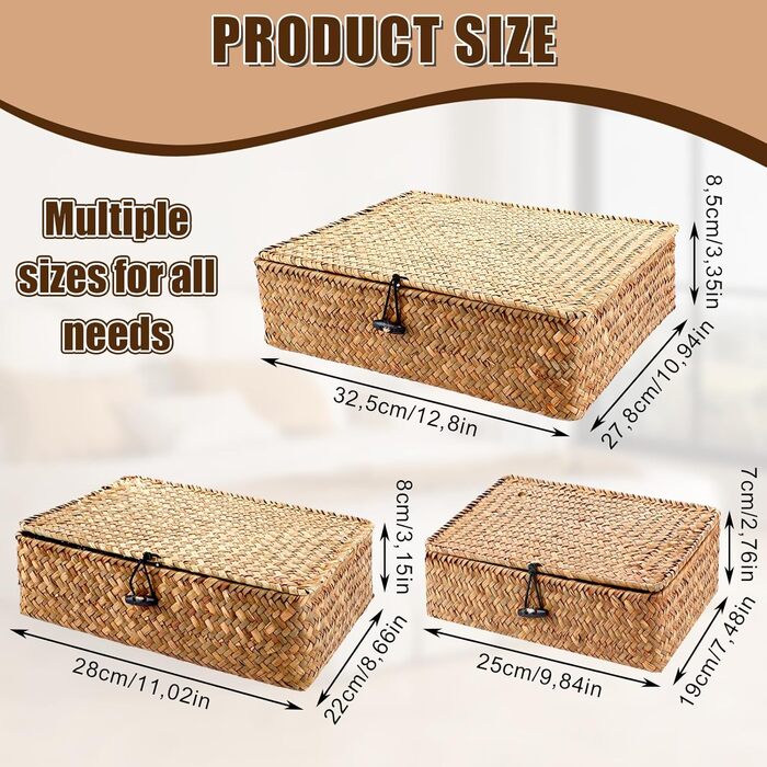Кошики з натуральної морської трави з кришками - Ротангові кошики з кришками - Плетені кошики з морської трави - Прямокутні плетені кошики з ротанга - Кошики для зберігання речей для ванної кімнати, вітальні, кухні, 3