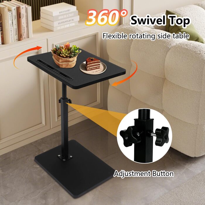 С-подібний приставний столик Simcat, поворотний на 360 градусів, регульований по висоті, підлокітник для дивана, приставний столик для перекусів біля ліжка або крісла з відсіком для мобільного телефону/планшета (чорний)