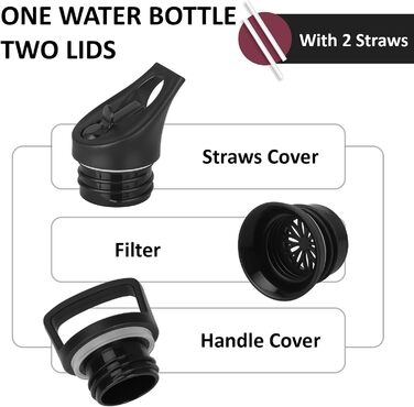 Пляшка для води з нержавіючої сталі, термос 750 мл, без BPA, ізольована пляшка з трубочкою, двостінна ізольована пляшка, герметична спортивна пляшка для води, для походів, фітнесу, йоги, кемпінгу, Rojo-negro 750 мл