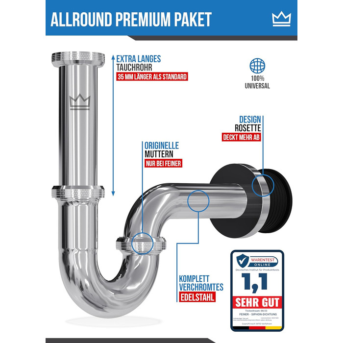 Універсальний сифон преміум-класу для умивальника з нержавіючої сталі, занурювальна трубка зливної труби 2-12 см з регулюванням висоти, набір відходів для умивальника 1 1/4 хром, FREE набір прокладок, відео з монтажу.