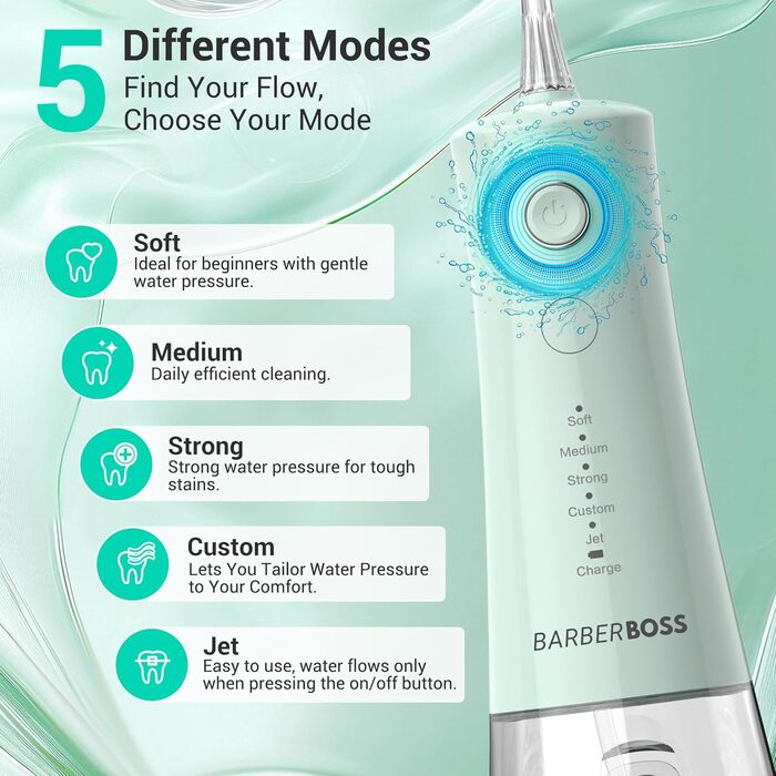 Бездротовий іригатор для порожнини рота, електричний зубний флоссер з 5 режимами тиску, водонепроникний IPX8, портативний пристрій для догляду за яснами, набір для очищення зубів, QR-7101 (Пастельно-зелений)