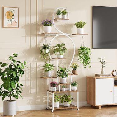 Підставка для рослин HAUSPROFI 190 см з лампою для вирощування - 9-ярусна металева та дерев&39яна підставка для квітів, полиця для рослин, квіткові драбини для приміщень та вулиці, декоративна полиця для саду, біла