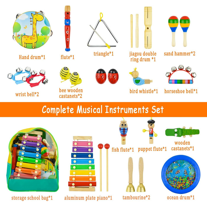 Набір дитячих музичних інструментів з 27 предметів, Kikuo Wooden Instruments Kids, дерев'яні ударні барабани, ритмічні іграшки, сприяє ранньому розвитку, в комплекті рюкзак