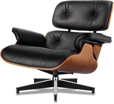 Крісло-рекламо з натуральної шкіри з пуфом, сучасне крісло під телевізор, обертовий шезлонг з пуфом, фіксований кут нахилу 105, унікальний дизайн з м&39якою подушкою, чорний каркас з горіхового дерева