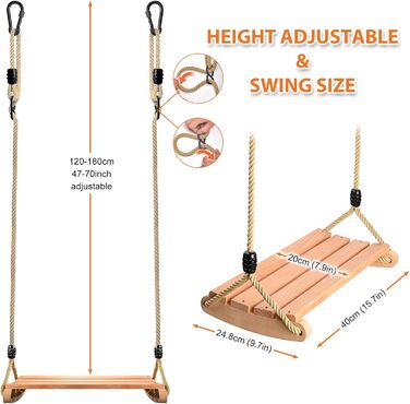 Дерев'яні гойдалки сидіння, гойдалки дерев'яні для дорослих і дітей гойдалки садові з регульованою мотузкою криті і відкриті гойда