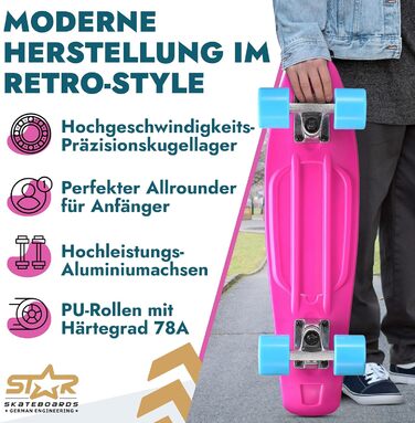 Скейтборд BIKESTAR Vintage Retro Cruiser 60 мм - круїзерний скейтборд для дітей та дорослих, початківці від 6-8 років, ретро дизайн Berry & Blue